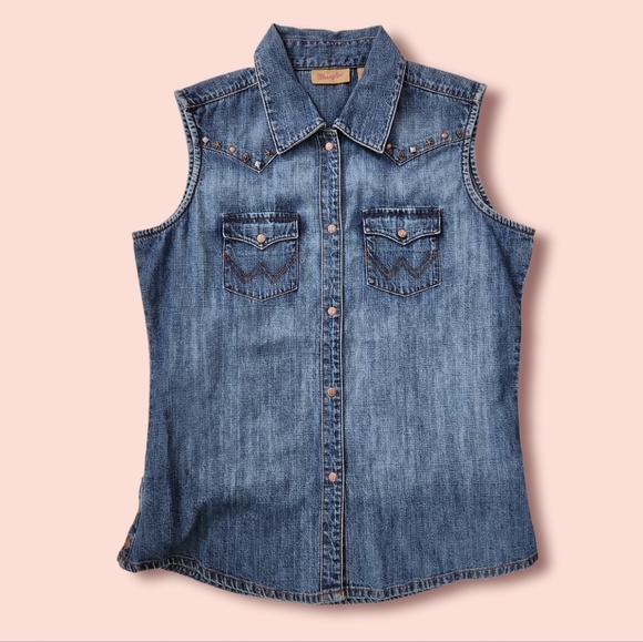 Wrangler Tops - VINTAGE wrangler | snap denim studded embellished western vest top shirt size S